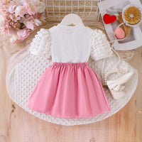 Girls White Heart Applique Puff Sleeve Top With Bow Applique Skirt Sets 2 pc. Sets