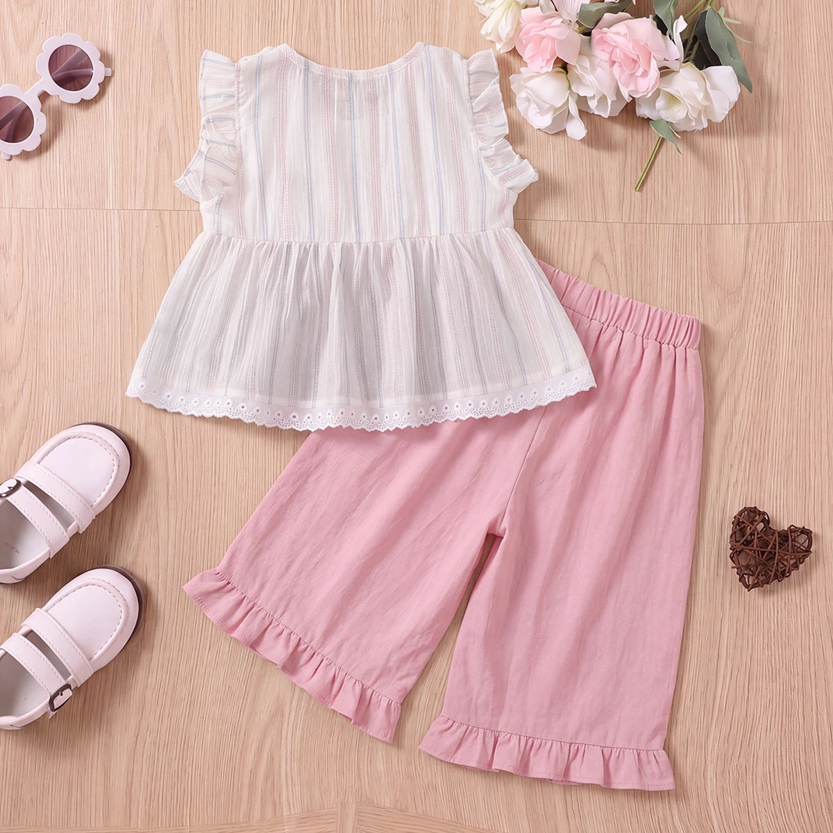 Girls Striped Ruffle Top With Light Pink Capri Sets 2 pc. Sets