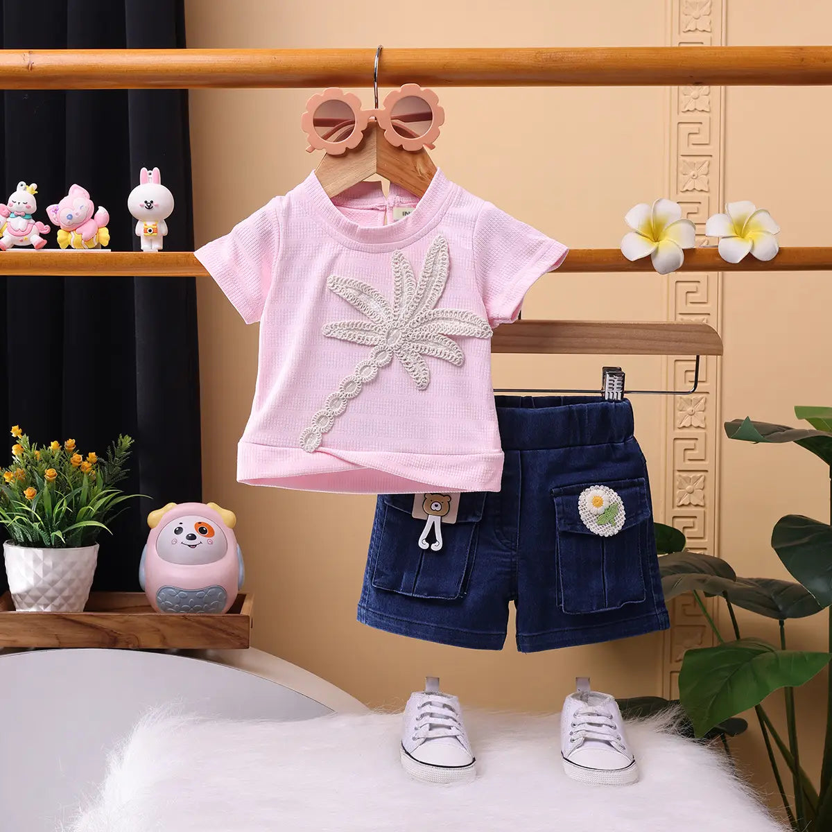 Girls Pink Embroidered Short Sleeve T-Shirt With Denim Shorts Sets 2 pc. Sets Pink 9-12 M