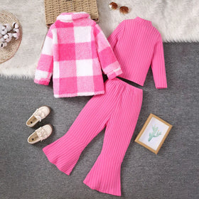 Girls Pink Checked Shacket With T-Shirt & Flared Pants Sets Sets
