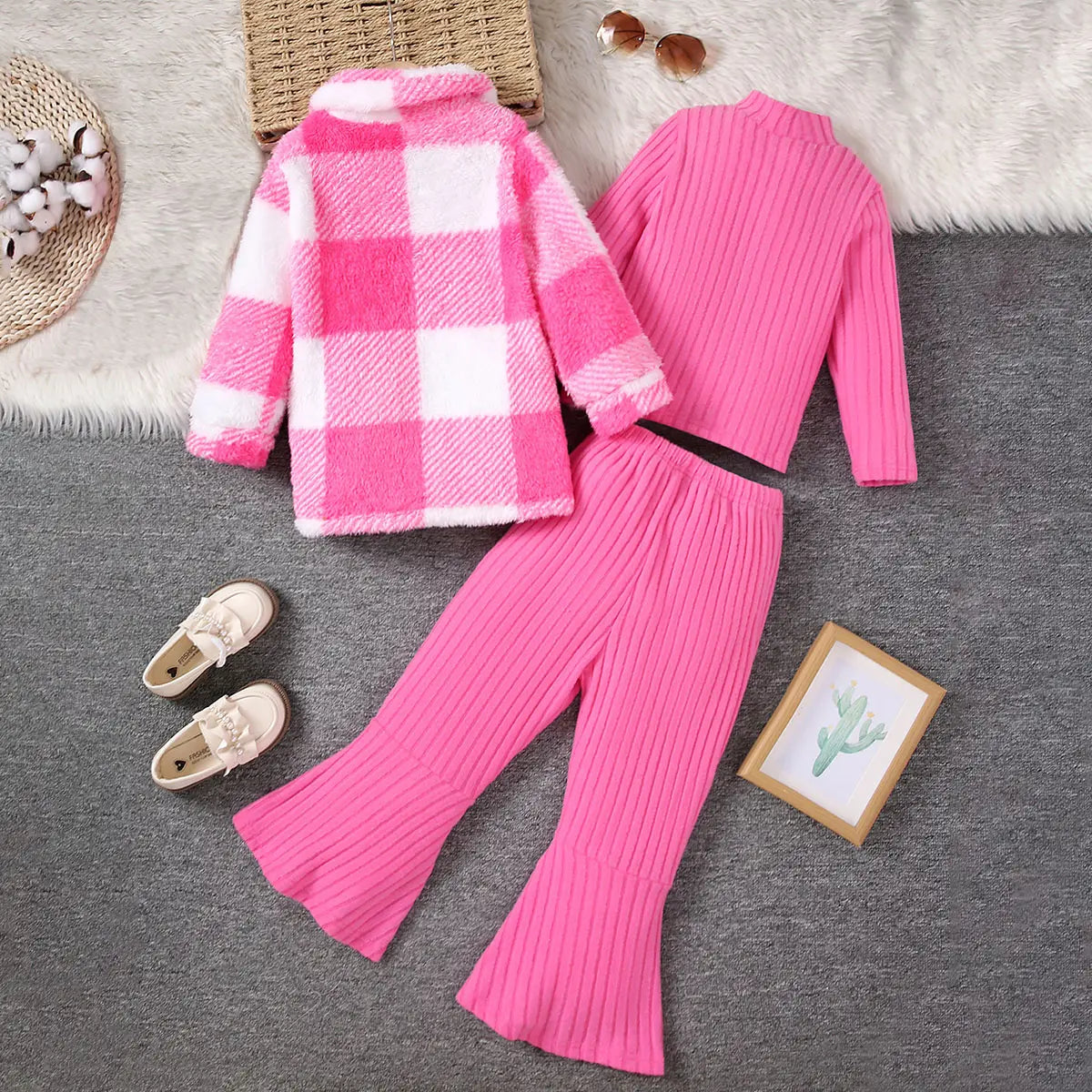 Girls Pink Checked Shacket With T-Shirt & Flared Pants Sets Sets