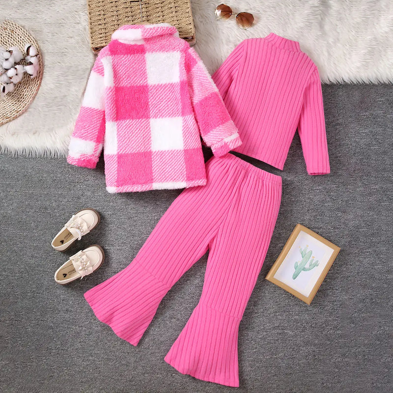 Girls Pink Checked Shacket With T-Shirt & Flared Pants Sets Sets