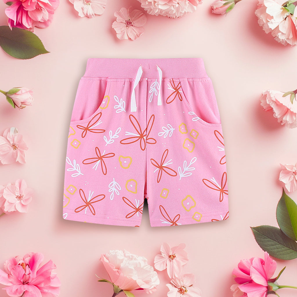 Girls Rib Waist Floral Printed Elasticated Shorts