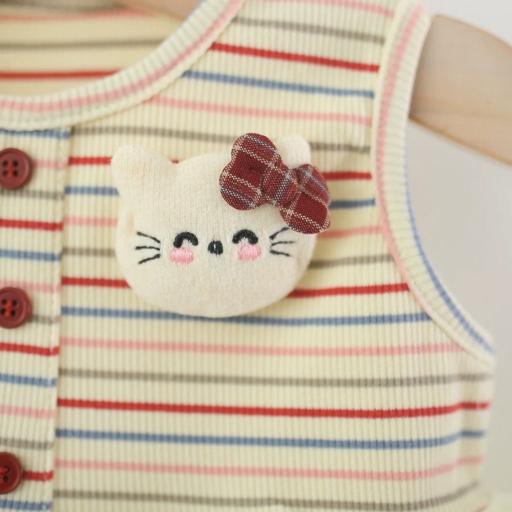 Girls Cream Striped Cat Applique Fit & Flare Dress With Bow Details Casual Dresses