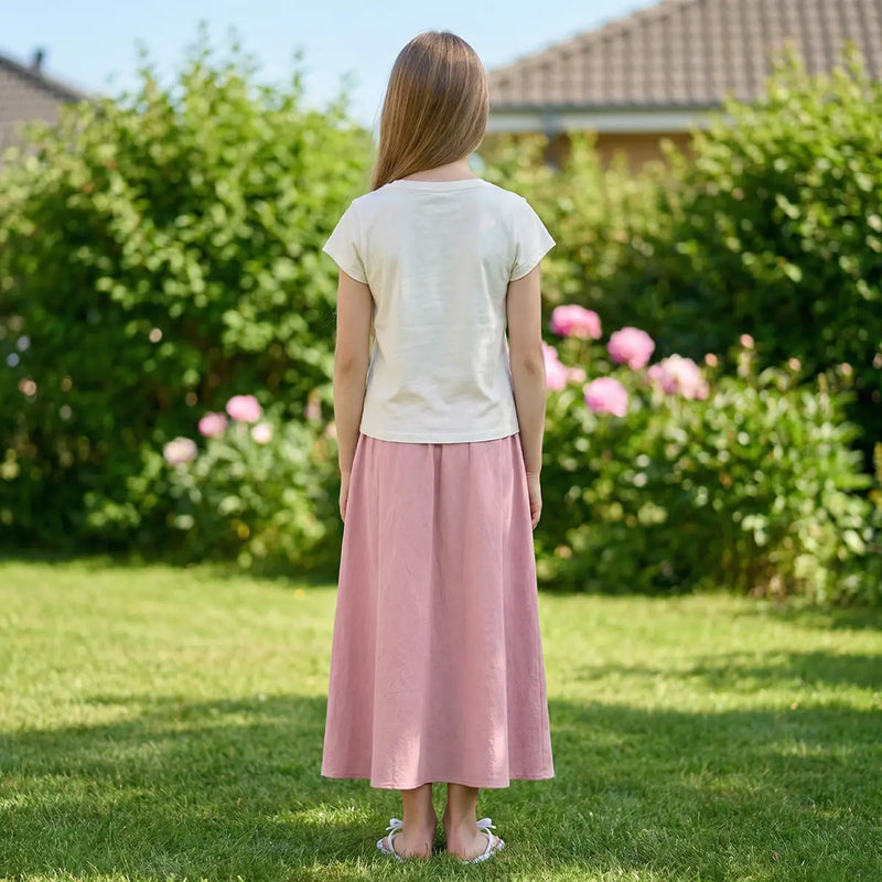 Girls Solid Short Sleeves Ruched Top With Pink Wide -Leg Pant Sets Sets