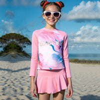 Girls Pink Typographic Printed Top With Skirts Swimwear Sets Sets