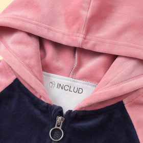 Girls Navy Blue Typographic Printed Hooded Zipper Jacket With Jogger Sets Sets