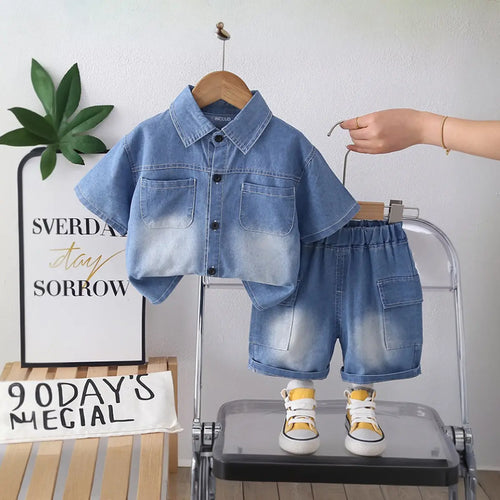 Boys Light Blue Washed Denim Shirt With Shorts Sets Sets Light Blue 1-2 Y