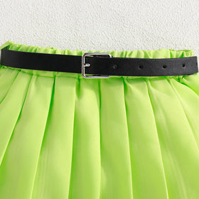 Girls Sleeveless Denim Jacket With Camisole Top And Green Pleated Skirt Set 3 pc. Sets