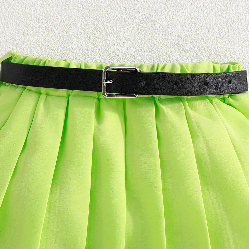 Girls Sleeveless Denim Jacket With Camisole Top And Green Pleated Skirt Set 3 pc. Sets