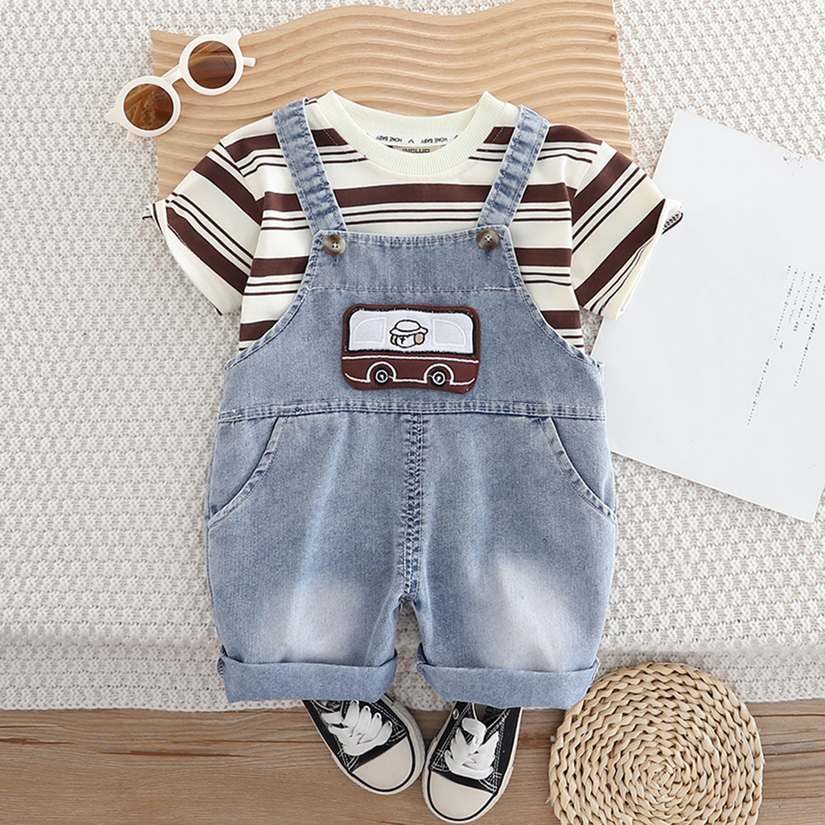 Boys Brown Striped T-Shirt with Denim Dungaree Set Sets