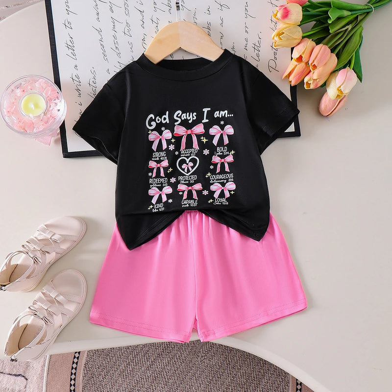 Girls Black Typographic Print Short Sleeve T-Shirt With Shorts Sets 2 pc. Sets Black 2-3 Y