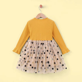 Girls Yellow Star Print Long Sleeve Fit & Flare Dress Casual Dresses