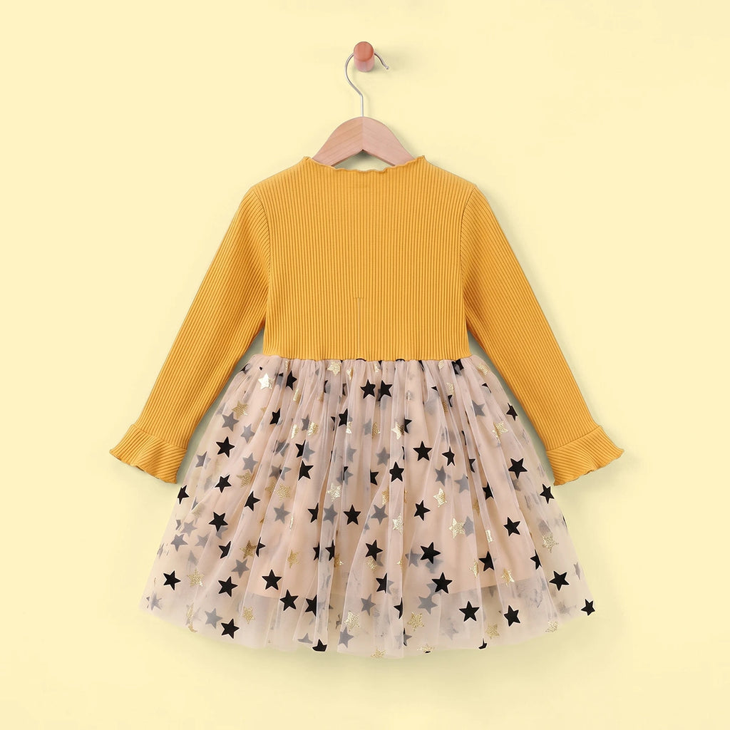 Girls Yellow Star Print Long Sleeve Fit & Flare Dress Casual Dresses