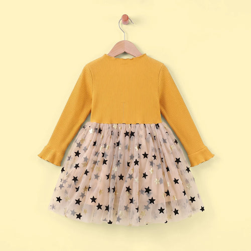Girls Yellow Star Print Long Sleeve Fit & Flare Dress Casual Dresses
