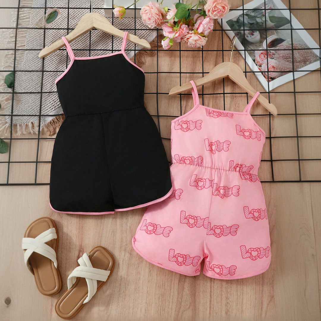 Girls Black & Pink Strappy Above Knee Length Multipack Rompers - Set of 2 Jumpsuits