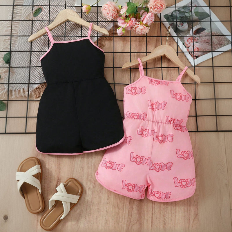 Girls Black & Pink Strappy Above Knee Length Multipack Rompers - Set of 2 Jumpsuits