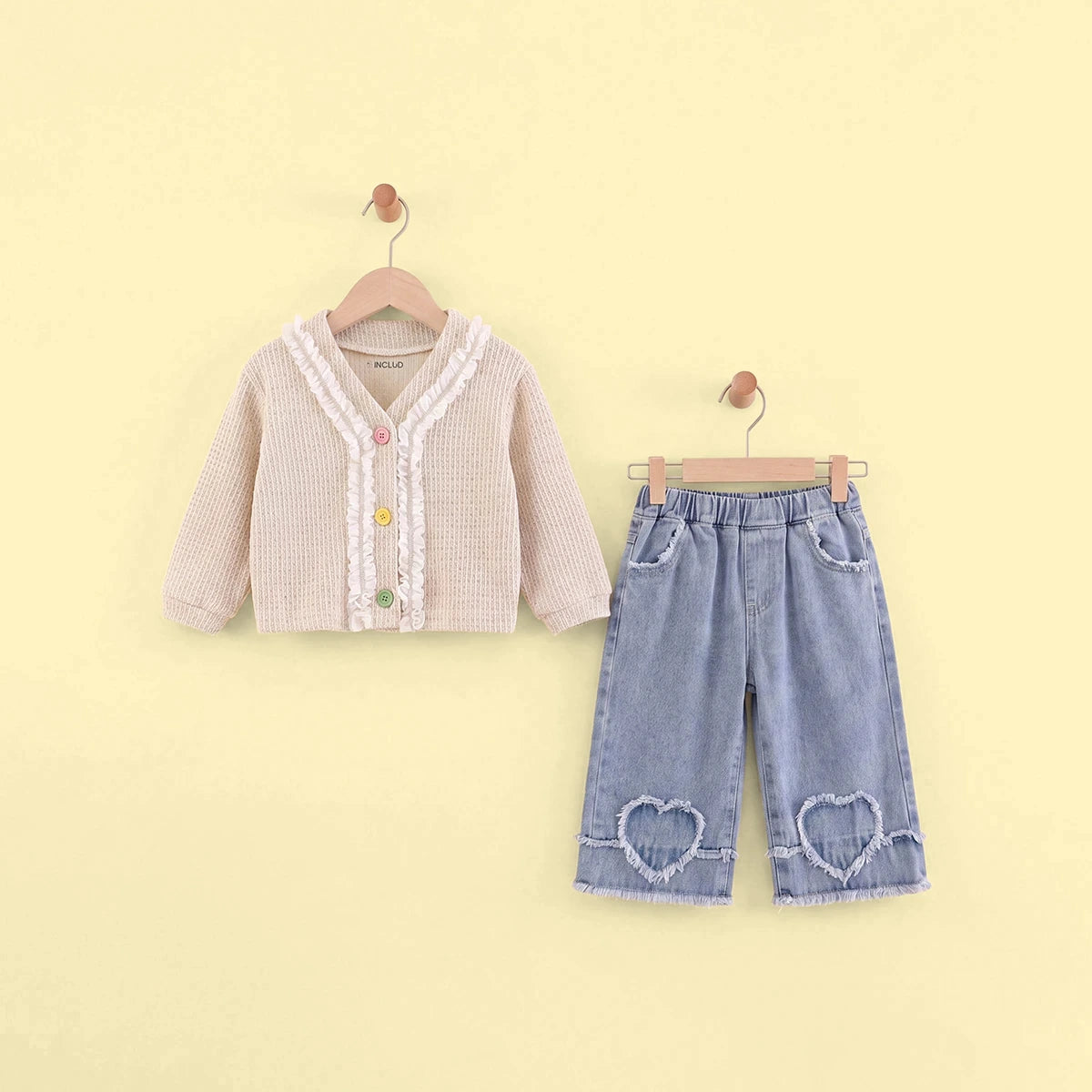 Girls Apricot Textured Long Sleeve Cardigan With Denim Pants Sets 2 pc. Sets Apricot 2-3 Y