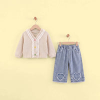 Girls Apricot Textured Long Sleeve Cardigan With Denim Pants Sets 2 pc. Sets Apricot 2-3 Y
