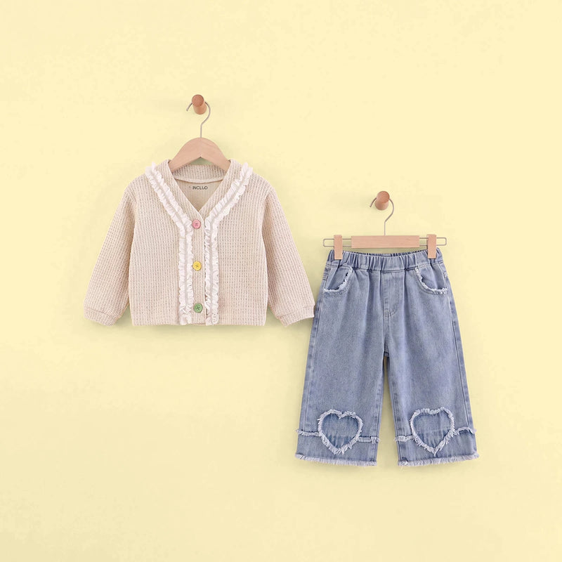 Girls Apricot Textured Long Sleeve Cardigan With Denim Pants Sets 2 pc. Sets Apricot 2-3 Y