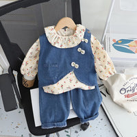 Girls Blue Denim Vest With Printed Top & Denim Pants Set Sets Blue 1-2 Y