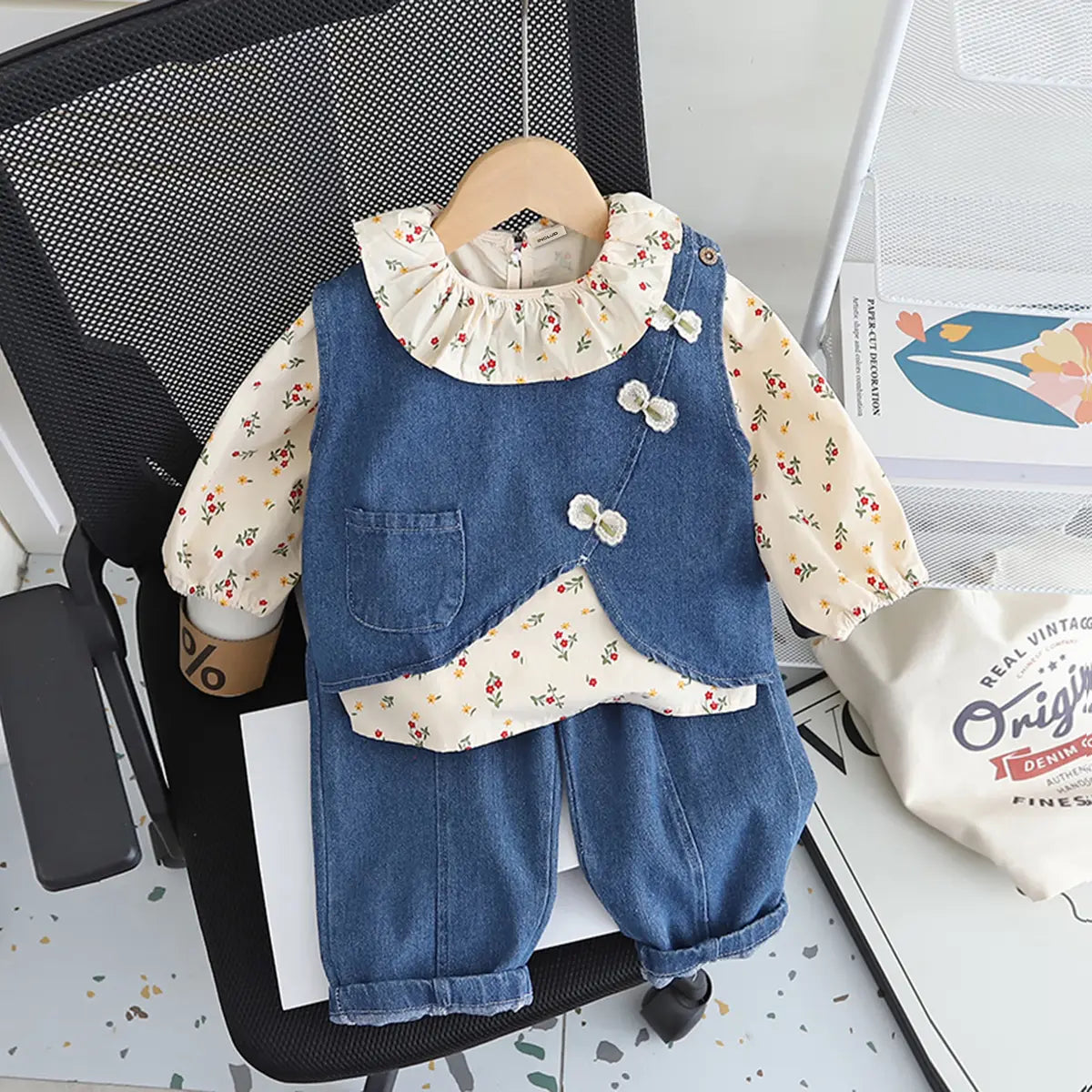 Girls Blue Denim Vest With Printed Top & Denim Pants Set Sets Blue 1-2 Y