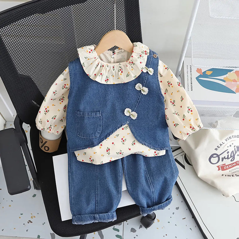 Girls Blue Denim Vest With Printed Top & Denim Pants Set Sets Blue 1-2 Y
