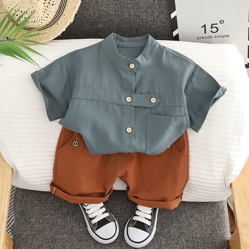 Boys Grey Strap Closer Shirt With Shorts