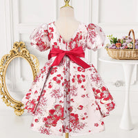 Girls Red Floral Print Puff Sleeves Fit & Flare Dress Party Dresses