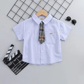 Boys Light Blue Short Sleeves Shirt With Attached Necktie Shirts Light Blue 1-2 Y