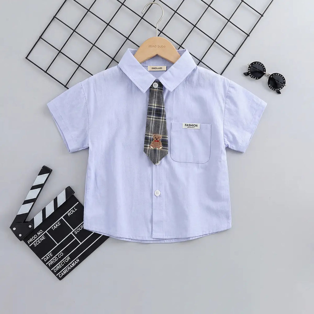 Boys Light Blue Short Sleeves Shirt With Attached Necktie Shirts Light Blue 1-2 Y