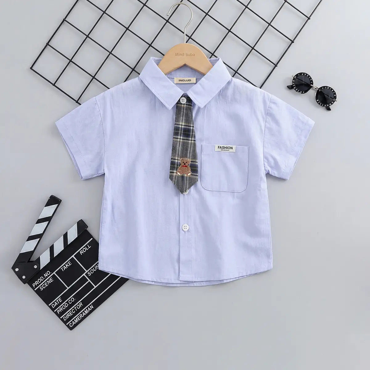 Boys Light Blue Short Sleeves Shirt With Attached Necktie Shirts Light Blue 1-2 Y