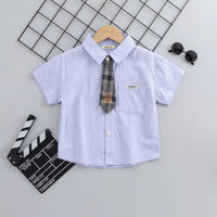 Boys Light Blue Short Sleeves Shirt With Attached Necktie Shirts Light Blue 1-2 Y