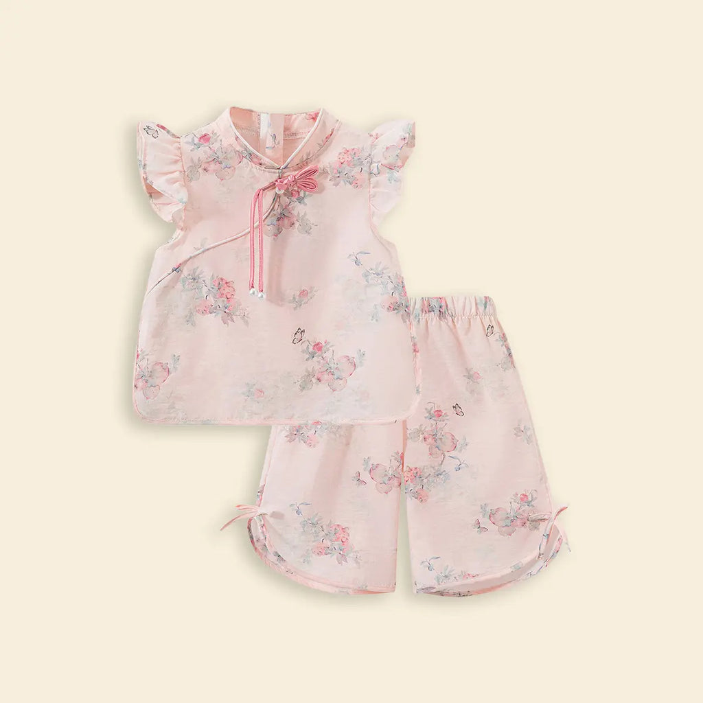 Girls Pink Floral Print Top & shorts Co-ord Sets Sets