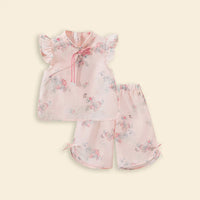 Girls Pink Floral Print Top & shorts Co-ord Sets Sets