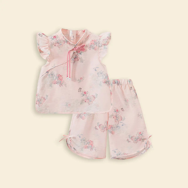 Girls Pink Floral Print Top & shorts Co-ord Sets Sets