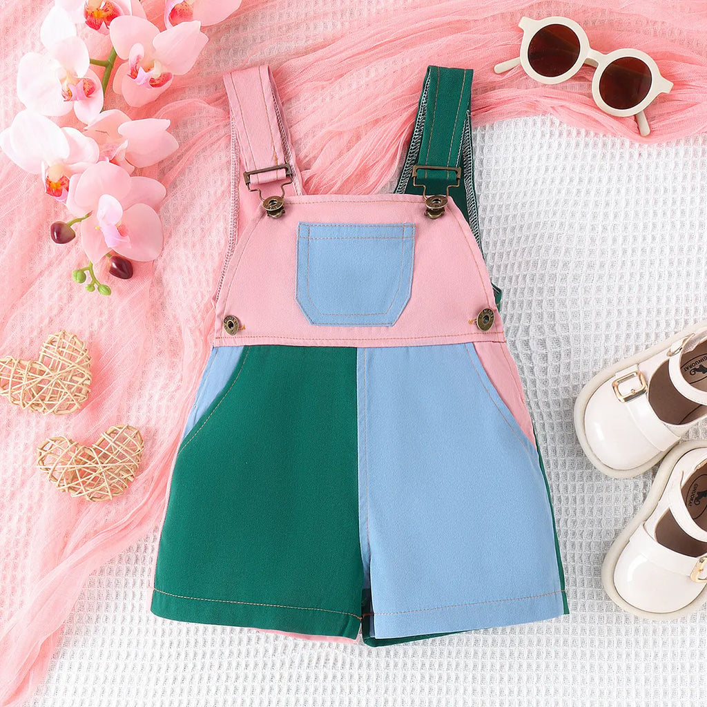 Girls Multicolor Colorblocked Square Neck Dungaree Jumpsuits Multicolor 1-2 Y
