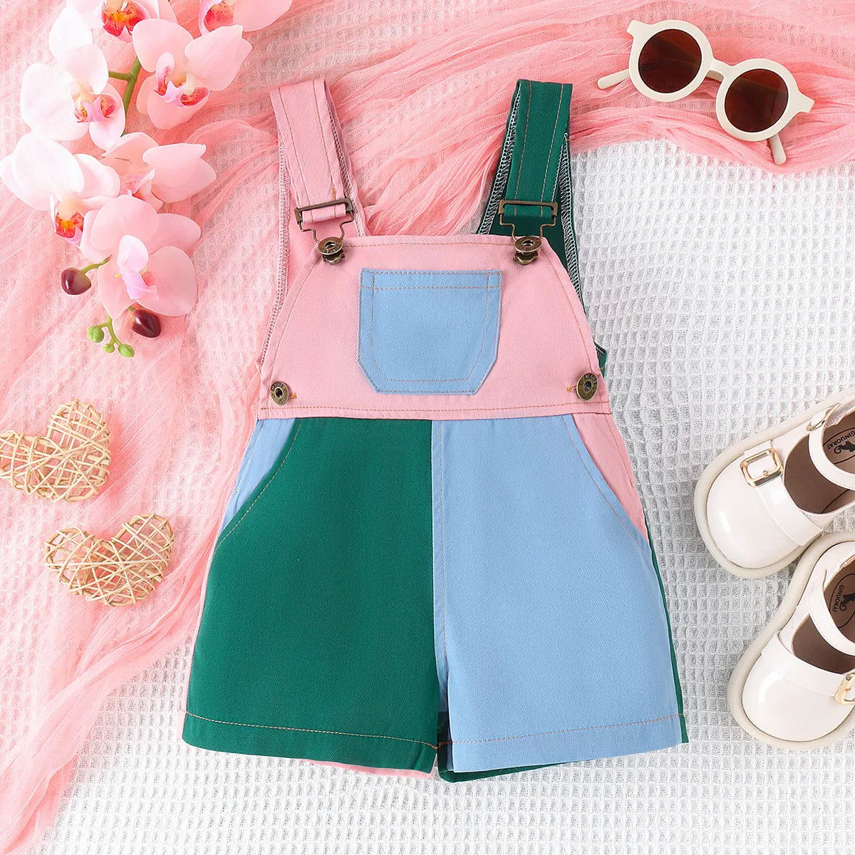 Girls Multicolor Colorblocked Square Neck Dungaree Jumpsuits Multicolor 1-2 Y
