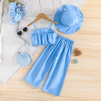 Girls Blue Camisole Applique Top With Hat And Trousers Set 3 pc. Sets
