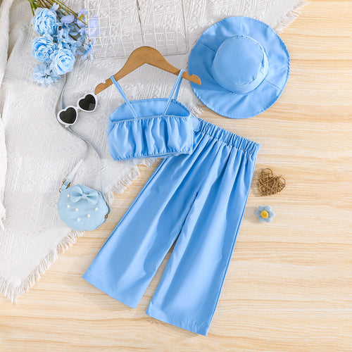 Girls Blue Camisole Applique Top With Hat And Trousers Set 3 pc. Sets