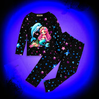 Girls Black Mermaid Printed Glow in the Dark T-Shirt With Pajama Winter Set 2 pc. Sets