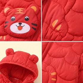 Girls Red Bear Ear On Hood Quilted Zip-up Jacket Coats & Jackets