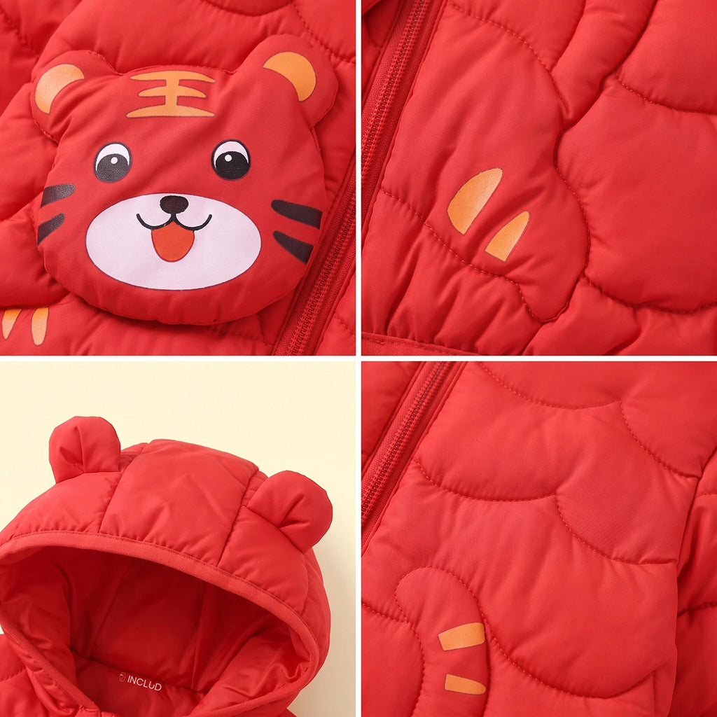 Girls Red Bear Ear On Hood Quilted Zip-up Jacket Coats & Jackets