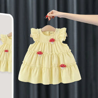 Girls Yellow Mushroom Applique Short Sleeve Tiered Dress Casual Dresses Yellow 1-2 Y
