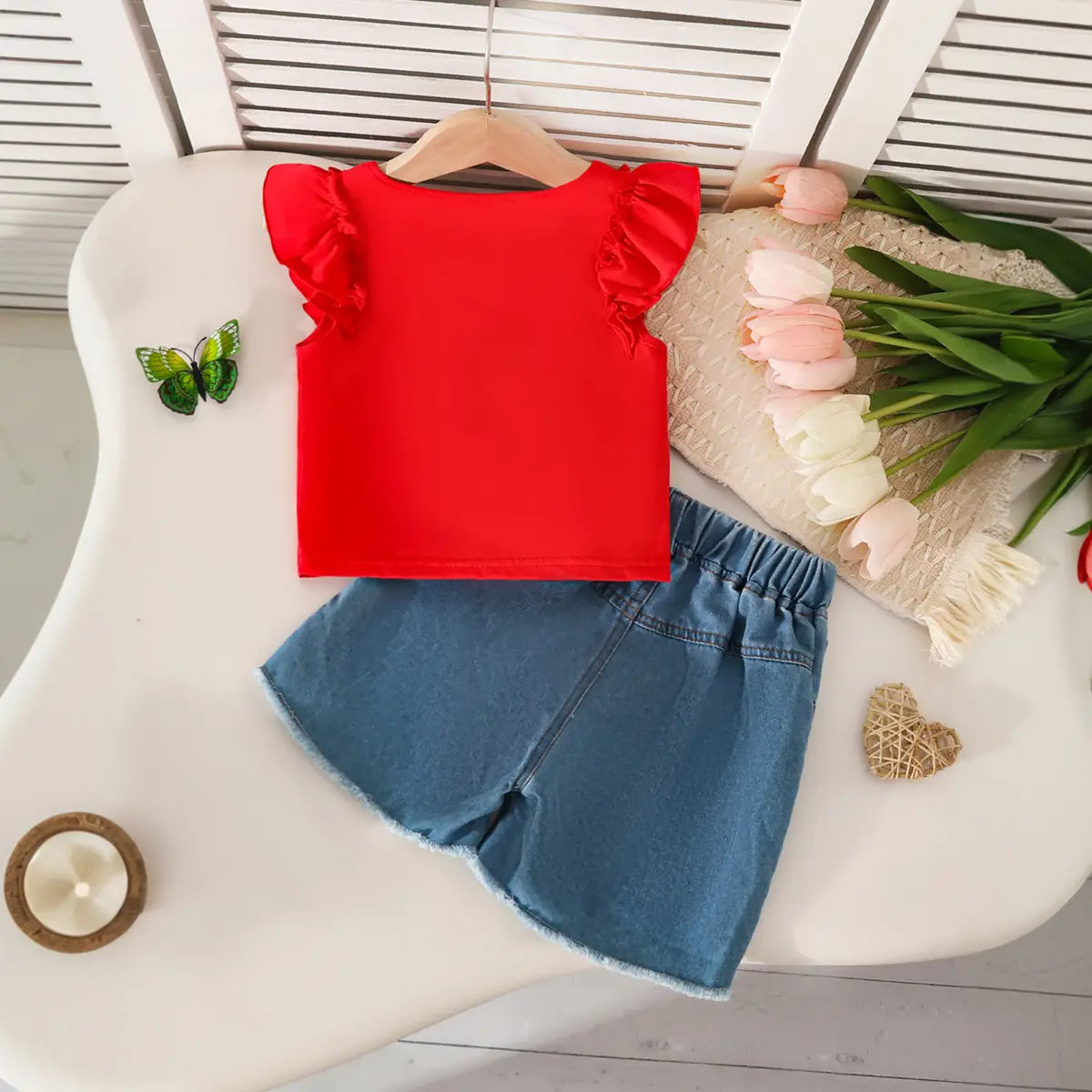 Girls Red Graphics Top With Embroidered Denim Shorts Set Sets