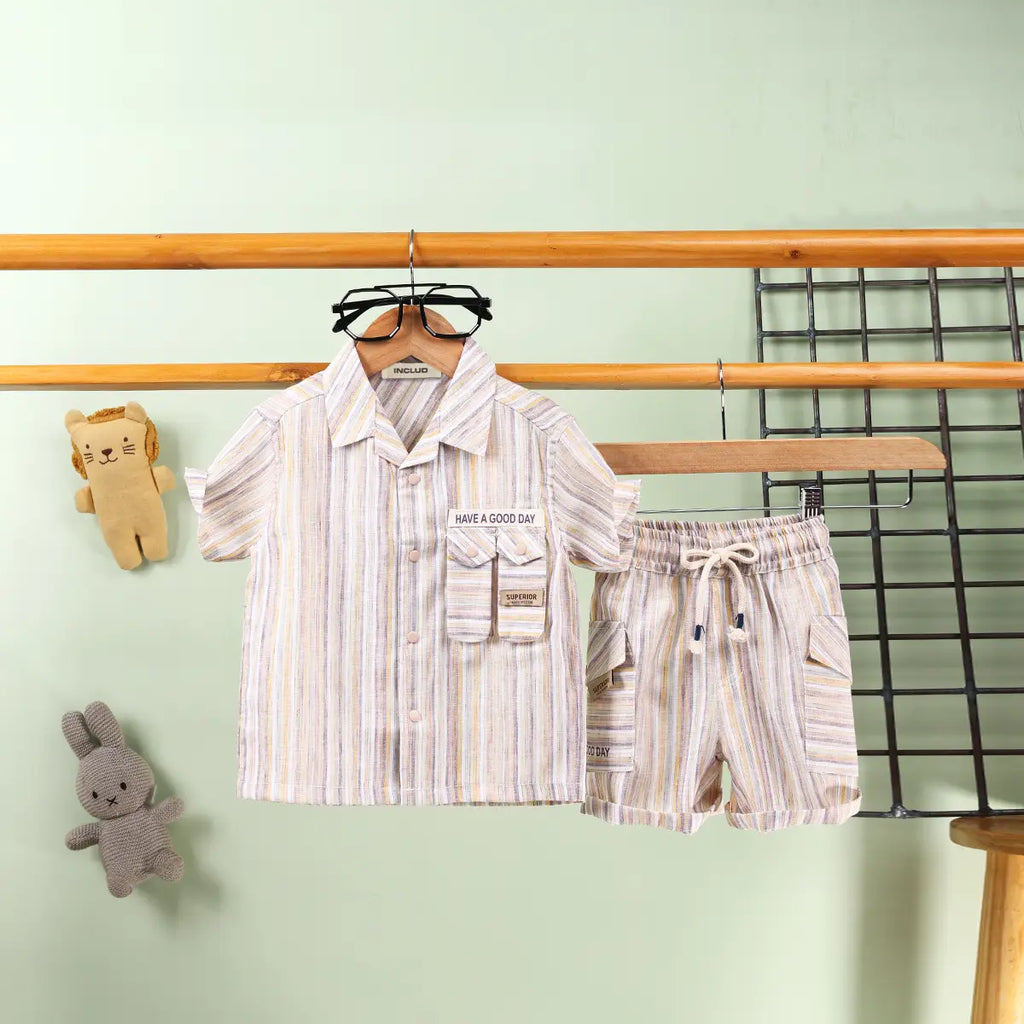 Boys Multicolor Stripes Short Sleeve Shirt With Elasticated Shorts Sets 2 pc. Sets Multicolor 6-12 M