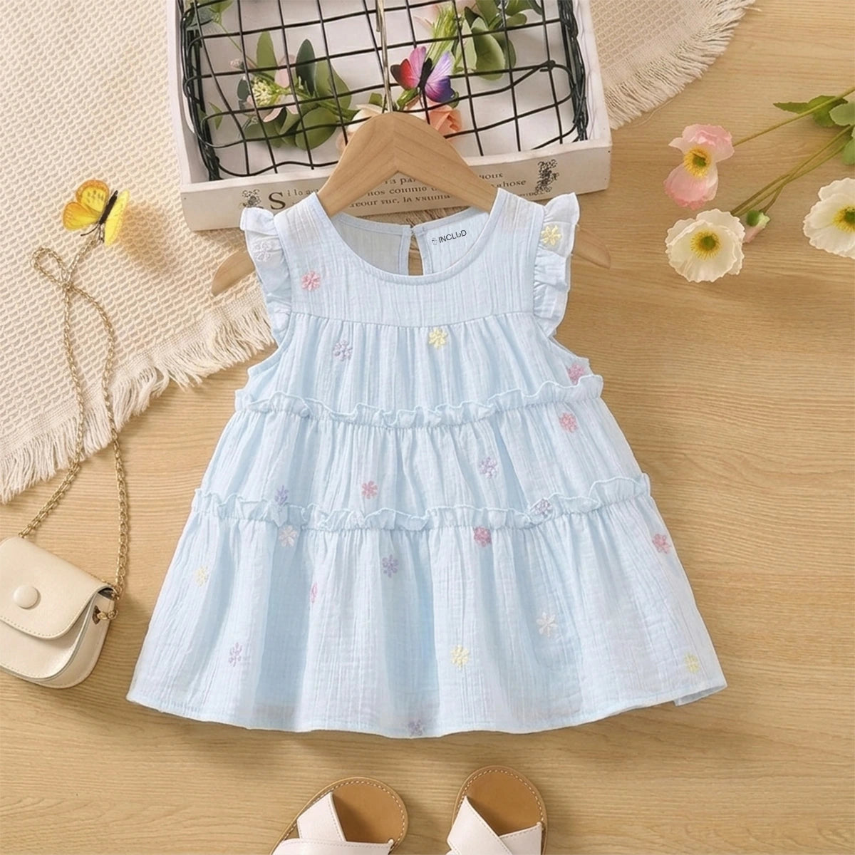 Girls Sky Blue Floral Embroidered Tiered Fit & Flare Dress Casual Dresses Sky Blue 1-2 Y