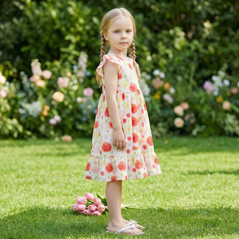 Girls Red Floral Print Tiered Dress With Flutter Sleeves Casual Dresses