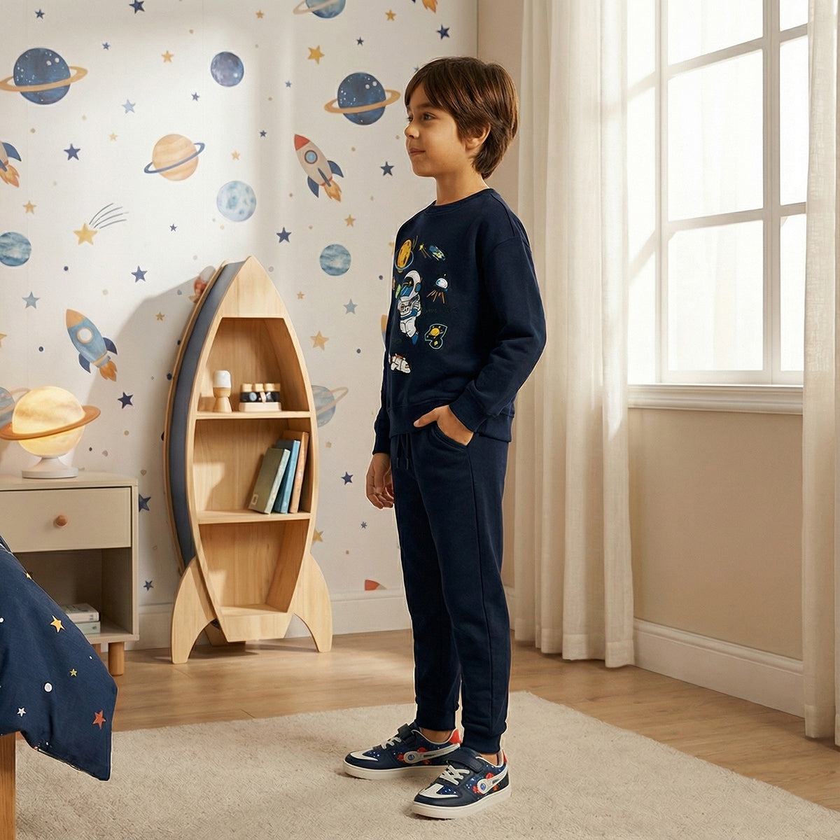 Boys Navy Blue Space Graphics Round Neck Sweatshirt With Joggers Sets 2 pc. Sets