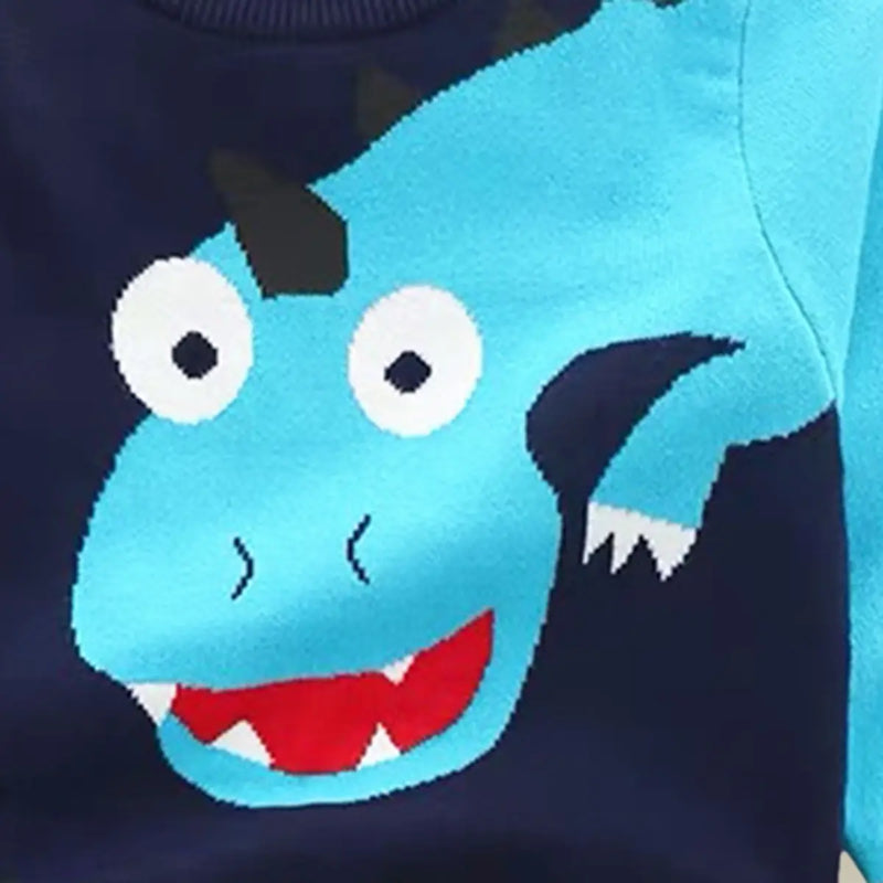 Boys Navy Blue Self-Design Long TAil Dinosaur Pattern Knitted Sweater Sweaters & Cardigans